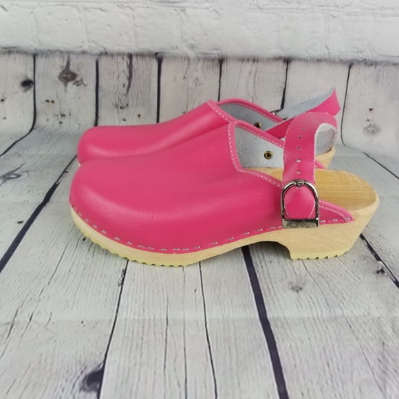 pink wooden clogs